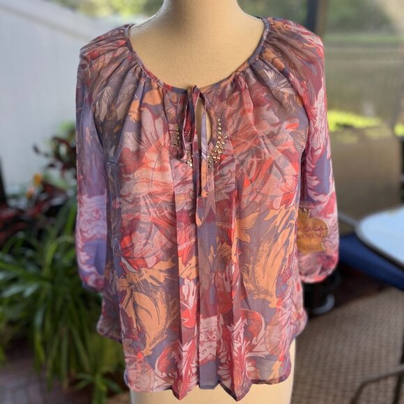 Vera Wang Princess Sheer Leaf Prints Tunic 3/4 Puff Sleeve Multicolor Size Small - Picture 1 of 6
